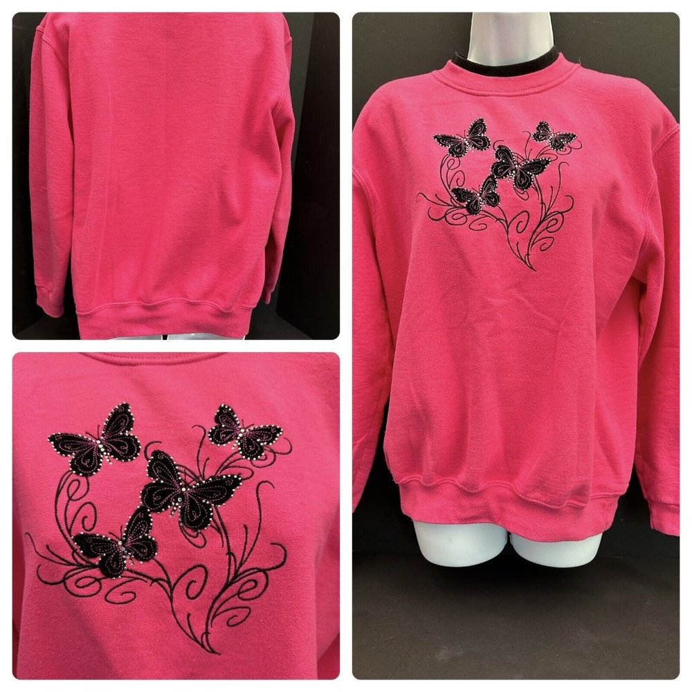 Y2K Vintage Grandma Butterfly Sweatshirt Morning Sun Embroider Medium Pink/Black